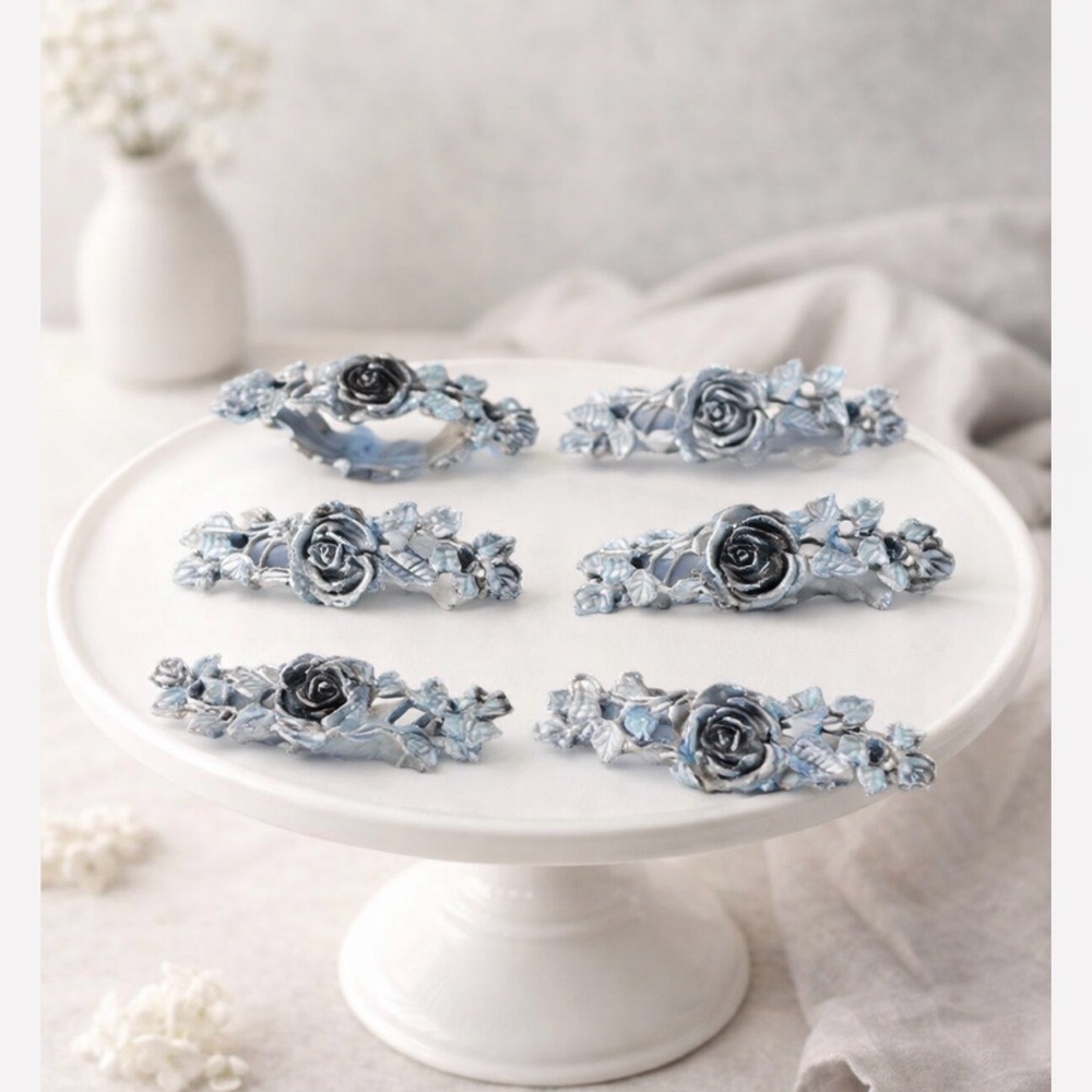 Vintage Metzke Pewter Rose Napkin Holders Set of Seven‎ Romantic Cottagecore Y2K